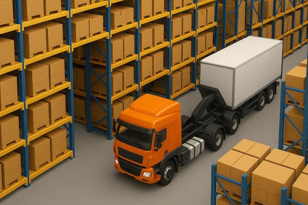 Articulated truck navigating warehouse aisles to optimize racking density and storage layout