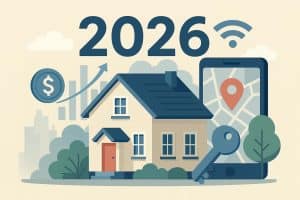 Modern house with digital real estate icons symbolizing future home buying trends and technology