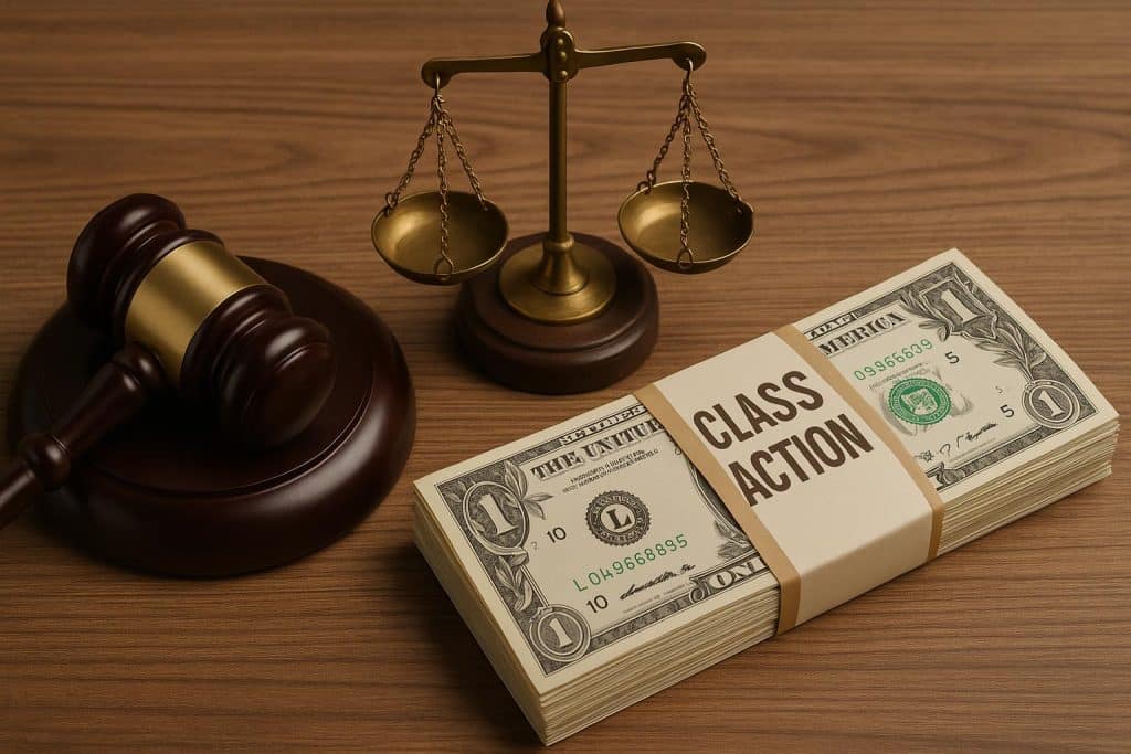 Class action settlements concept with legal documents, gavel, and financial relief symbols