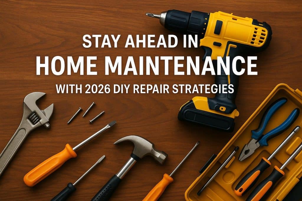Stay Ahead in Home Maintenance with 2026 DIY Repair Strategies Toolkit and home repair tools arranged on a workbench, highlighting modern DIY maintenance strategies