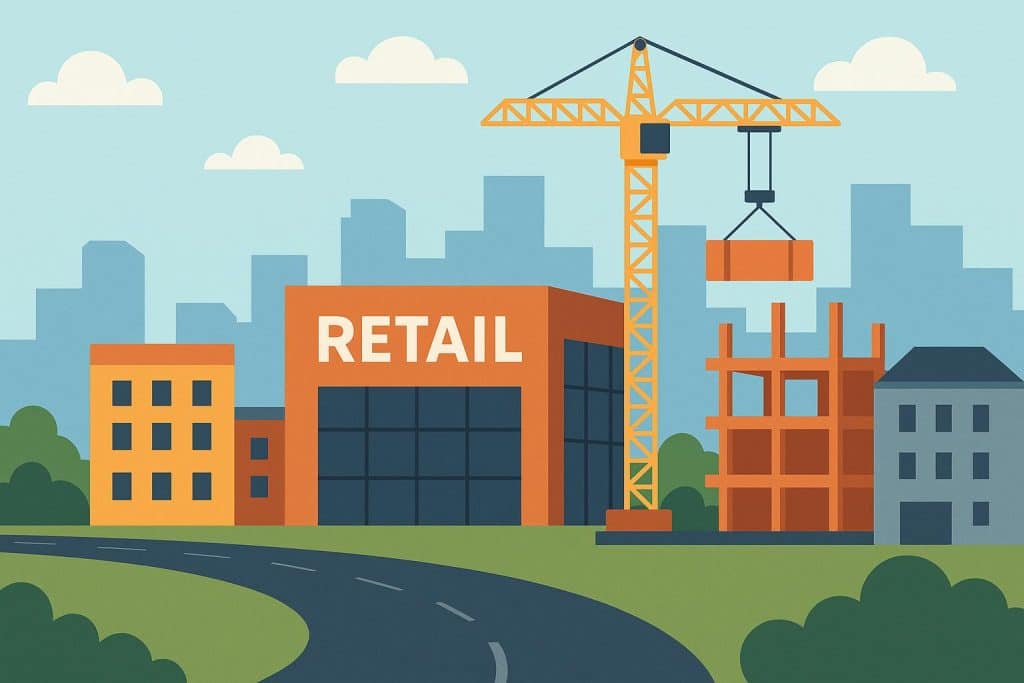 Modern retail construction project in a small city illustrating efficient project management