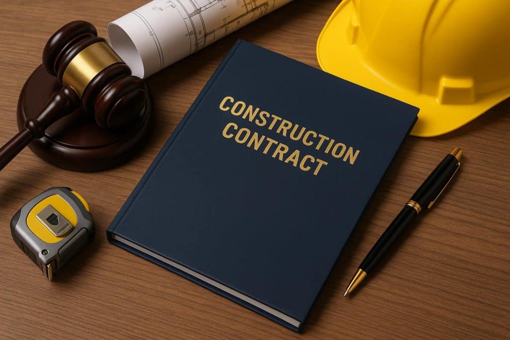 Construction contract clauses highlighted in legal documents on a desk, emphasizing contract strength