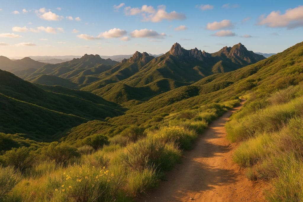 Scenic view of Santa Monica Mountains hiking trail with lush greenery and rugged landscape