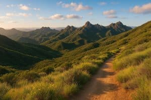 Scenic view of Santa Monica Mountains hiking trail with lush greenery and rugged landscape