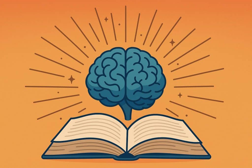 Open book with glowing brain illustration symbolizing the impact of reading on brain development