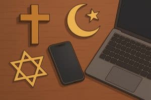Digital devices intertwined with religious symbols illustrating technology's impact on faith