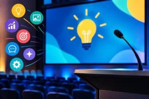 Confident speaker engaging audience with visual aids during effective presentation opening
